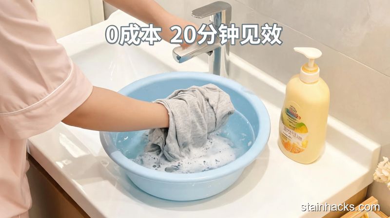场景：居家卫生间洗漱台，主体动作：女生将缩水的纯棉短袖放入加了护发素的温水盆中，风格：清新明亮生活化，关键元素：旁边摆着普通家用护发素，有&ldquo;0成本 20分钟见效&rdquo;的文字标注