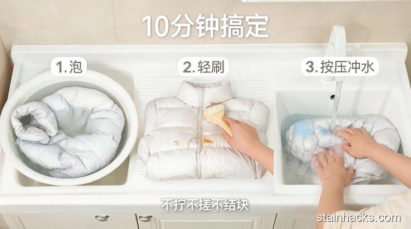 卫生间洗衣区场景，演示手洗羽绒服3个简单动作：泡、轻刷、按压冲水，没有拧绞动作，清新明亮生活化风格，配文字标注「10分钟搞定」「不拧不搓不结块」