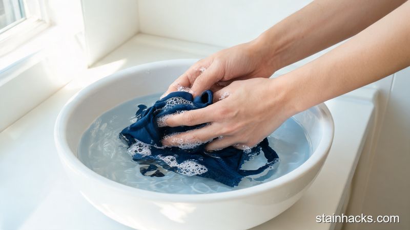 双手在冷水中轻柔搓洗深蓝色泳衣,带有少量中性洗衣液泡沫,水流清晰