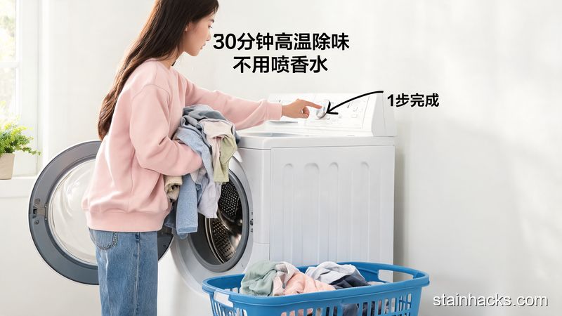 场景:家庭洗衣房内的烘干机旁,主体动作:女生把洗完的衣服直接放进烘干机,按下开关的动作,风格:清新明亮、生活化,关键元素:文字标注「30分钟高温除味」「不用喷香水」,突出1步完成操作简单
