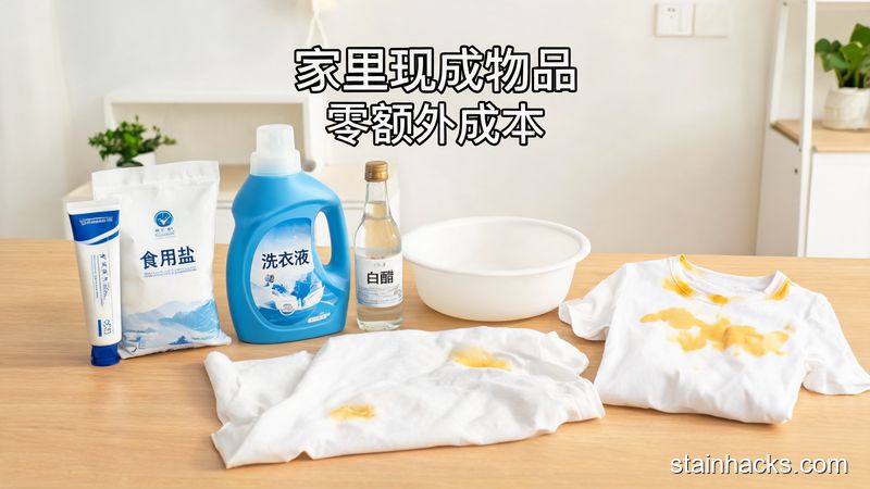 清新明亮生活化风格，场景为普通家庭桌面，摆放着牙膏、食用盐、日常洗衣液、白醋、干净塑料盆，旁边放着带黄渍的白T恤和床单，文字标注&ldquo;家里现成物品 零额外成本&rdquo;