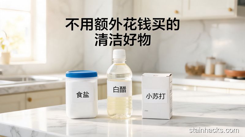 清新明亮厨房台面场景,台面上摆放食盐、白醋、小苏打三样普通家用物品,旁边配文字标注“不用额外花钱买的清洁好物”,突出低成本零负担