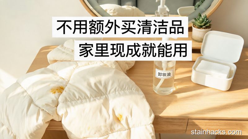 清新明亮生活化风格，场景为居家梳妆台桌面，摆放着沾了小油渍的羽绒服、普通卸妆油、卸妆棉，标注文字「不用额外买清洁品」「家里现成就能用」