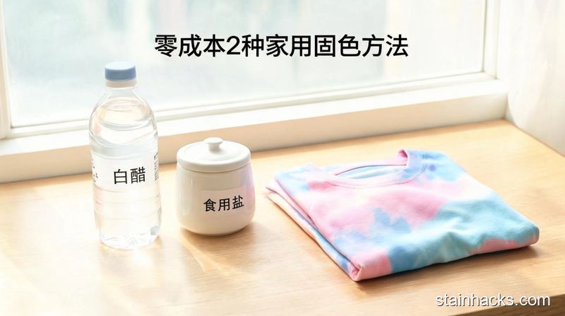 清新明亮生活化场景，桌面并排摆放家用白醋、食用盐，旁边放一件新衣服，配文字标注「零成本2种家用固色方法」，突出低成本方便操作