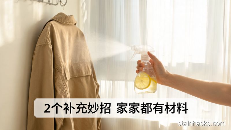 清新明亮生活化家居场景，左侧是挂在窗边通风的外套，右侧是手拿着装了柠檬水的小喷壶轻喷衣服表面，图片配文字「2个补充妙招 家家都有材料」，突出无需额外花钱