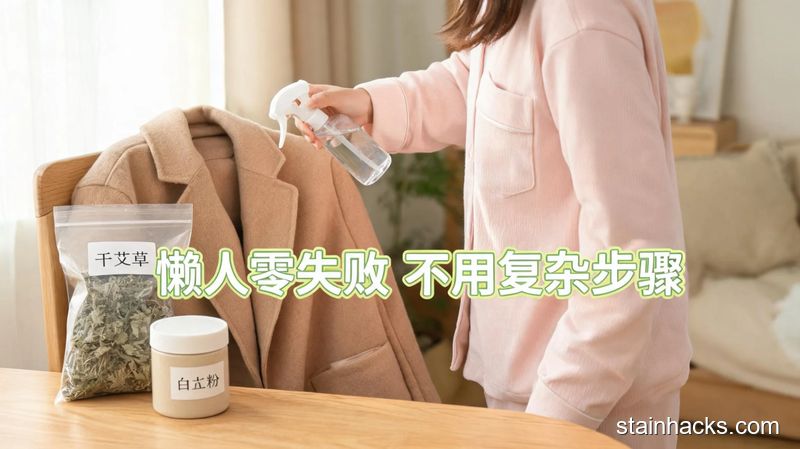 清新明亮生活化居家桌面场景，女生正拿着小喷壶给毛呢外套喷草本杀菌水，旁边摆着装干艾草的密封袋、白芷粉罐，图片配文字「懒人零失败 不用复杂步骤」，突出高效便捷