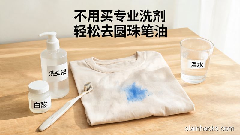 家居桌面摆放着一件沾了圆珠笔油的浅色T恤，旁边放着洗头液、白醋、旧牙刷、温水杯这些家常物品，风格清新明亮生活化，带有文字标注「不用买专业洗剂 轻松去圆珠笔油」，突出简单、低成本、方便的特点