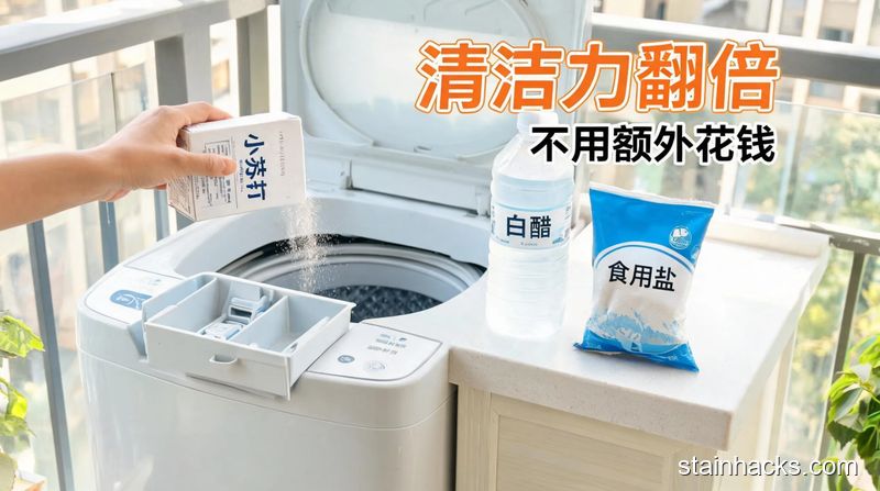 家用开盖洗衣机旁,摆着小苏打、白醋、食盐3样家常常见物品,手把小苏打倒进洗衣机料盒,清新明亮生活化,配文字标注“清洁力翻倍”“不用额外花钱”,突出简单易操作