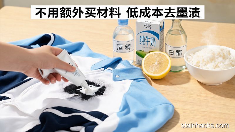 场景:居家桌面摆着普通牙膏、酒精、牛奶、白醋、柠檬、热米饭这些家用物品,旁边放着带墨渍的校服,主体动作:手拿着牙膏往校服的墨渍上均匀涂抹,风格:清新明亮生活化,关键元素:标注文字「不用额外买材料 低成本去墨渍」,突出操作简单