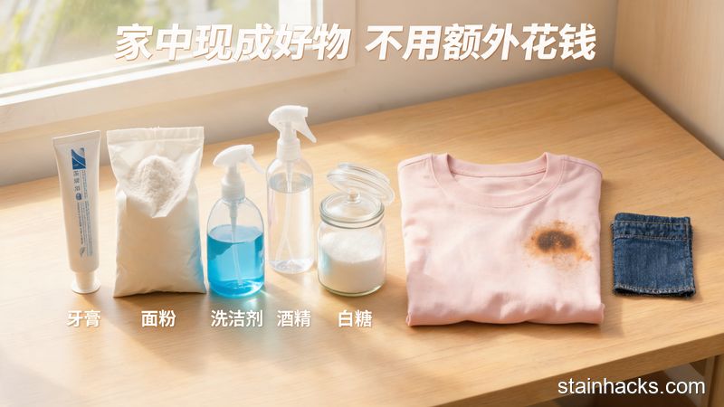 清新明亮生活化场景，桌面整齐摆放牙膏、面粉、洗洁精、酒精、白糖等家用常见物品，旁边放着带油污的纯棉T恤、牛仔面料小样，配有文字标注「家中现成好物 不用额外花钱」，突出低成本无负担