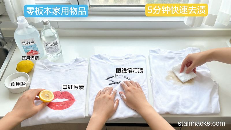场景：居家洗衣台摆放着普通洗衣液、医用酒精、柠檬、食用盐等常见家用物品，旁边放有沾了口红、眼线笔污渍的衣物，主体动作：手分别演示三种简单的擦拭、搓洗动作，风格：清新明亮、生活化，关键元素：标注「零成本家用物品」「5分钟快速去渍」文字，突出不用额外花钱买清洁用品