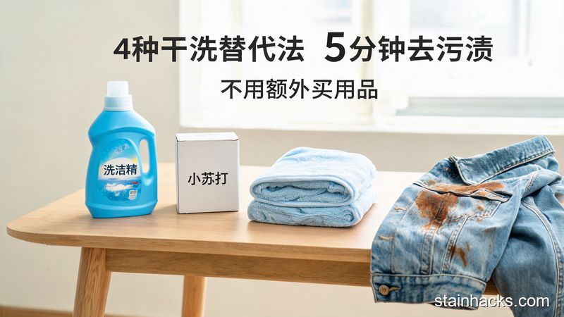 清新明亮生活化风格，家居桌面场景，摆放着洗洁精、小苏打、湿毛巾等家中常备物品，旁边是沾了油污的外套，画面标注文字「4种干洗替代法 5分钟去污渍」「不用额外买用品」，突出方便易操作特点
