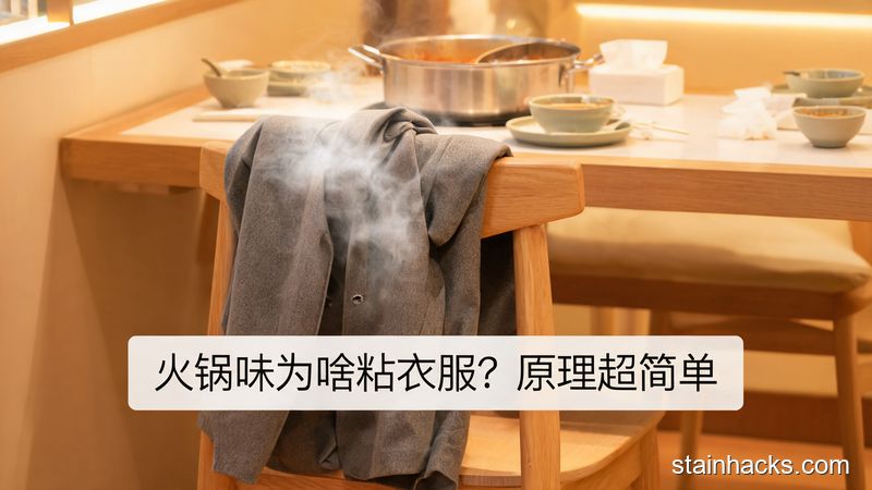 清新明亮生活化场景，吃完火锅的外套搭在餐椅上，旁边有淡淡的火锅味烟雾示意，图片下方配文字「火锅味为啥粘衣服？原理超简单」，风格温暖接地气，突出简单易懂