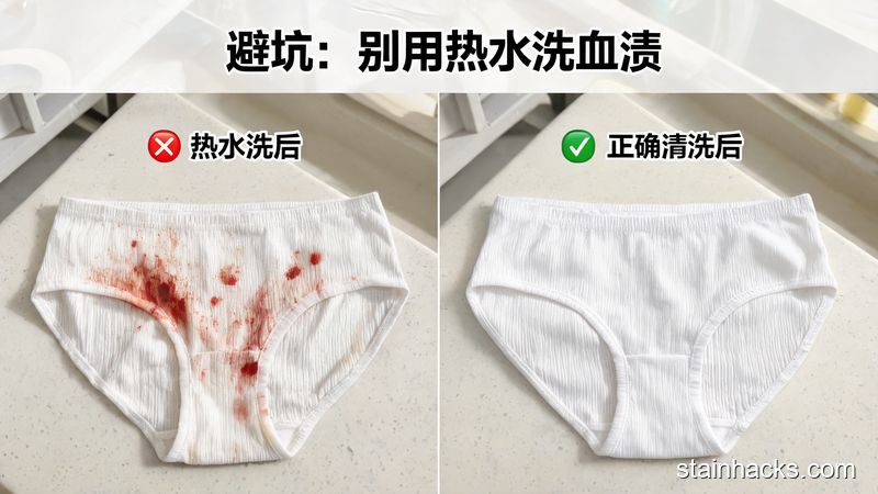 清新明亮生活化对比场景，左侧是用热水洗后残留血渍的内裤，右侧是用正确方法洗后干净的内裤，画面标注文字「避坑：别用热水洗血渍」