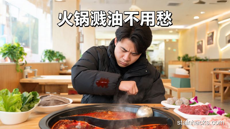 火锅店用餐场景，顾客的黑色羽绒服袖口沾了明显的红色火锅油渍，人皱眉看着油污，风格：真实生活化、明亮清新，关键元素：文字标注「火锅溅油不用愁」，突出用户日常痛点