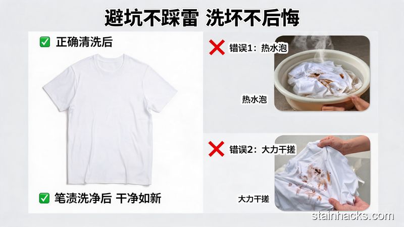 清新明亮对比场景，左侧是笔渍清洗后干净如新的T恤，右侧打叉标注「热水泡、大力干搓」2种错误操作，配文字「避坑不踩雷 洗坏不后悔」，清晰易懂