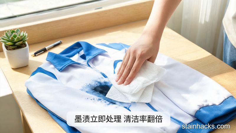 场景:书桌台面放着刚沾上蓝黑墨水的蓝白校服,主体动作:人用干纸巾轻轻按压校服上的墨渍吸走多余墨水,风格:清新明亮生活化,关键元素:标注文字「墨渍立即处理 清洁率翻倍」,突出简单快手不用复杂操作