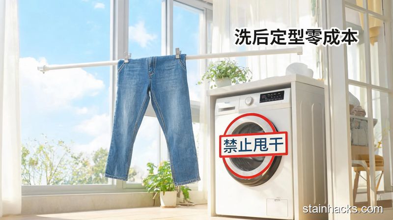 清新明亮生活化阳台洗衣场景，洗好的牛仔裤平铺在晾衣杆上晾晒，旁边洗衣机上标注「禁止甩干」，画面标注「洗后定型零成本」