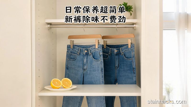 清新明亮生活化卧室衣柜场景，两条牛仔裤轮流挂在衣架上，旁边放着切开的新鲜柠檬，画面标注「日常保养超简单 新裤除味不费劲」