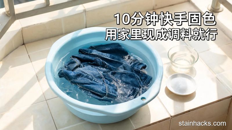家用洗衣盆场景,深色牛仔裤泡在加了白醋/食用盐的清水中,旁边配文字标注“10分钟快手固色 用家里现成调料就行”,风格清新明亮生活化,突出低成本、易操作特点