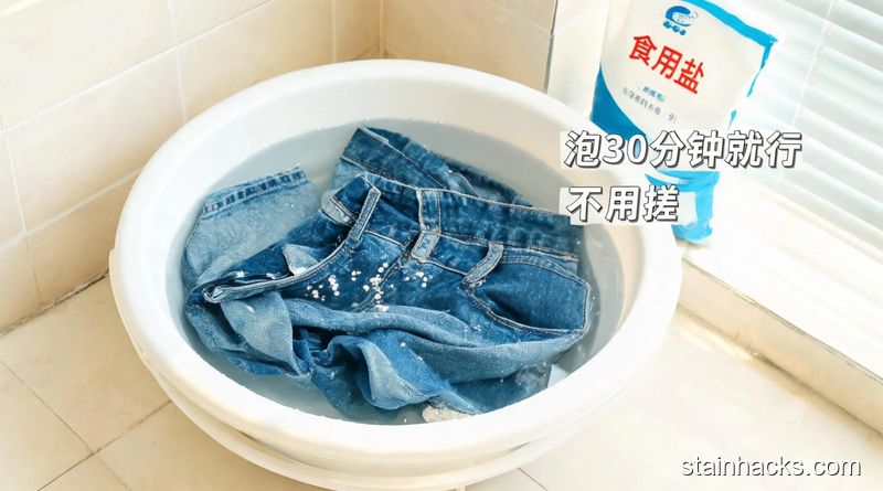 清新明亮生活化风格，卫生间洗衣盆场景，翻转后的牛仔裤泡在加了食盐的清水中，盆边放着家用食盐袋，旁边标注文字&ldquo;泡30分钟就行 不用搓&rdquo;，突出低成本懒人固色技巧