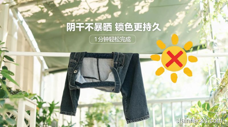 阳台阴凉处场景,翻了反面的深色牛仔裤挂在晾衣杆上,旁边有打叉的太阳图案,配文字标注“阴干不暴晒 锁色更持久”,风格清新明亮生活化,突出1分钟就能完成的特点