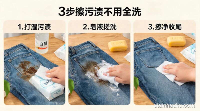 桌面摆放沾了污渍的牛仔裤,一只手用湿纸巾蘸肥皂擦污渍,旁边摆着家里常见的肥皂、湿纸巾、白醋瓶,3步动作拆解,清新明亮生活化,标注文字「3步擦污渍不用全洗」,突出快手低成本