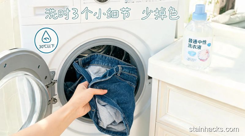 洗衣机旁场景,人手将翻了反面的深色牛仔裤放进洗衣机,旁边有30℃以下水温标识、普通中性洗衣液,配文字标注“洗时3个小细节 少掉色”,风格清新明亮生活化,突出简单快手特点
