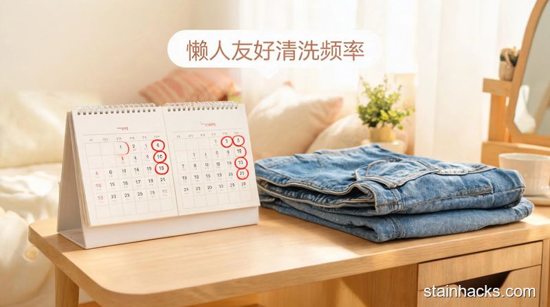 温馨家居场景,牛仔裤放在一旁,桌面日历上圈出1-2个月的时间标记,清新明亮生活化,标注文字「懒人友好清洗频率」,突出简单好记