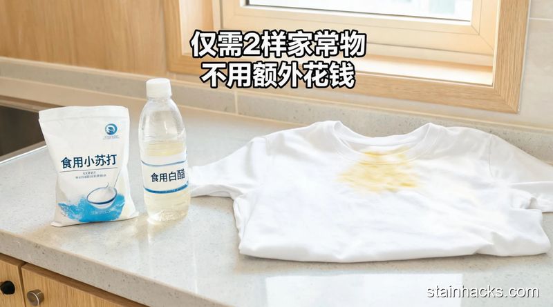 场景：居家厨房台面，主体动作：摆放普通食用小苏打袋、食用白醋瓶，旁边放一件有黄渍的白T恤，风格：清新明亮生活化，关键元素：加文字标注「仅需2样家常物 不用额外花钱」