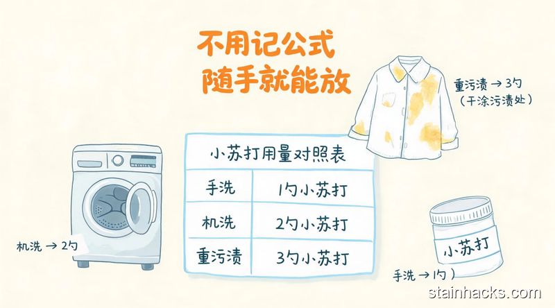 清新明亮接地气手绘风格,简易用量对照表旁摆放着洗衣机、带黄渍的白衬衫、小苏打罐,分别标注手洗、机洗、重污渍3种场景的用量,配文字「不用记公式 随手就能放」