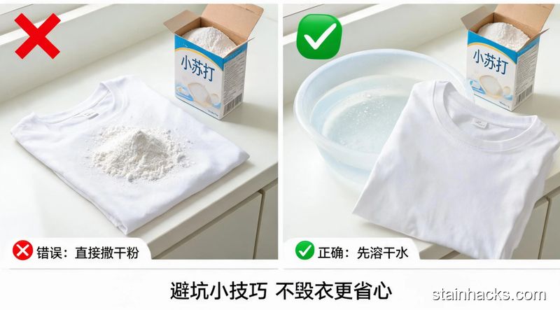 清新明亮家居场景,左侧是打叉的错误示范(直接把干小苏打撒在白衣服上),右侧是打勾的正确示范(小苏打先融在水里),配文字「避坑小技巧 不毁衣更省心」,风格简单易懂