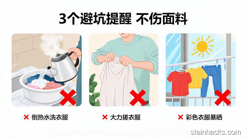 居家洗衣区场景，用红色叉号标注3个错误操作：倒热水洗衣服、大力搓衣服、把彩色衣服放阳台暴晒，风格清新明亮生活化，配醒目标注文字&ldquo;3个避坑提醒 不伤面料&rdquo;