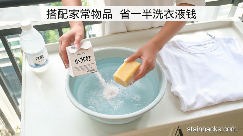 场景：洗衣台旁摆放着小苏打、家常肥皂/白醋，主体动作：往洗衣盆里同时加入小苏打和肥皂，旁边放着洗得洁白发亮的白T恤，风格：清新明亮生活化，关键元素：标注文字「搭配家常物品 省一半洗衣液钱」，低成本高效