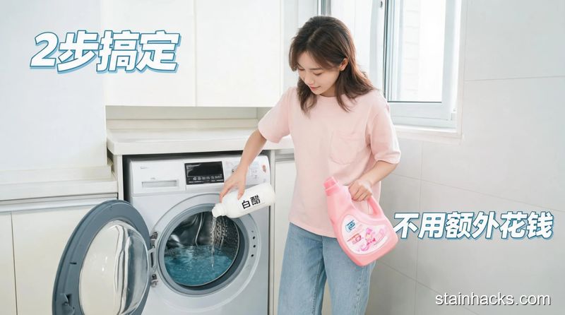家庭洗衣台场景,女生往洗衣机漂洗水里倒白醋和柔顺剂,动作轻松简单,风格清新明亮生活化,画面带有“2步搞定”“不用额外花钱”的文字标注,突出方便快速防静电