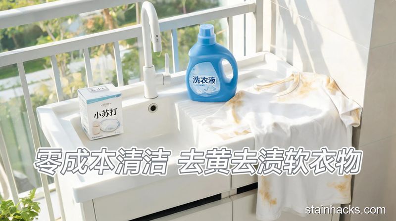 家用洗衣台场景，摆放小苏打、普通洗衣液、发黄的白T恤三件物品，清新明亮生活化风格，画面加文字标注「零成本清洁 去黄去渍软衣物」，突出不用额外买专用用品