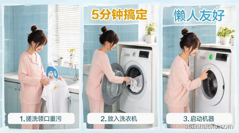 小户型家居洗衣角,年轻女生按3步快速处理脏衣服(1.轻搓领口重污 2.丢衣服进洗衣机 3.按洗衣机启动键),清新明亮生活化,配文字标注“5分钟搞定”“懒人友好”