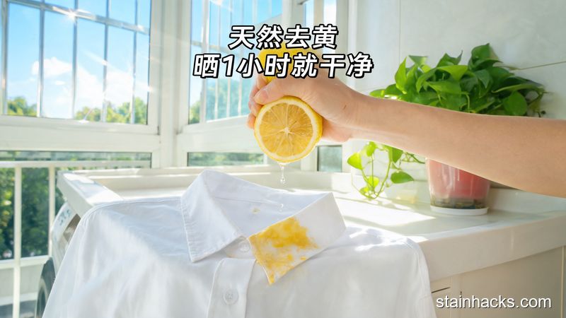 清新明亮生活化风格，画面展示手把柠檬汁挤在白衬衫发黄的领口上，背景是阳台自然光，配文字标注「天然去黄 晒1小时就干净」，突出零成本、不伤衣的特点