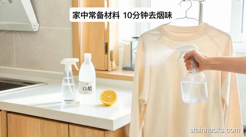 清新明亮生活化厨房场景，台面上放着喷壶、白醋、切开的柠檬，一只手拿着喷壶对着悬挂的衣服喷洒，配文字标注「家中常备材料 10分钟去烟味」，突出低成本易操作