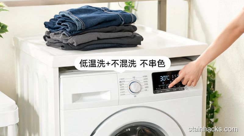 家用洗衣机旁场景,人手给洗衣机调30℃低温洗涤模式,旁边放着单独摆放的深色纯棉衣物,清新明亮生活化风格,画面标注“低温洗+不混洗 不串色”文字,突出操作零难度