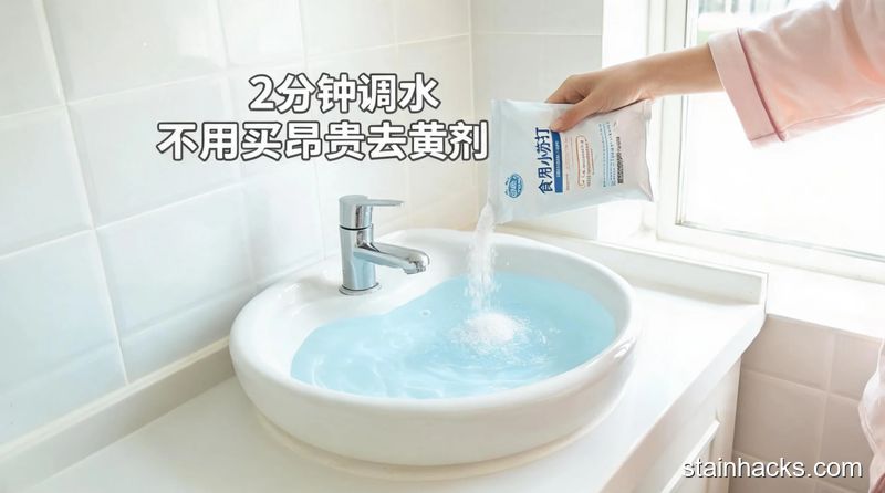 清新明亮居家卫生间场景,干净的普通洗脸盆里倒着40℃温水,女生正往盆里倒食用小苏打,旁边没有其他复杂清洁用品,配文字「2分钟调水 不用买昂贵去黄剂」,突出轻松高效