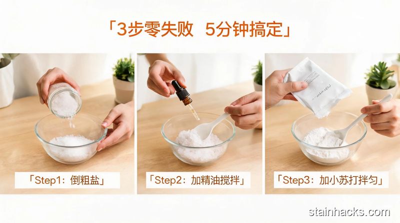 清新明亮生活化风格,家庭桌面场景,普通人的手做3步自制柔顺剂的动作:倒粗盐、加精油搅拌、加小苏打拌匀,旁边配文字标注「3步零失败 5分钟搞定」,突出操作简单易上手