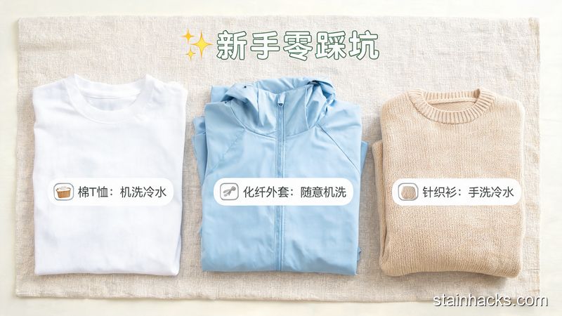 三件不同材质的衣物（棉T恤、化纤外套、针织衫）平铺在浅色餐垫上，每一件旁边都贴有对应的清洁提示小贴纸，风格清新明亮，关键元素：标注文字&ldquo;新手零踩坑&rdquo;，突出无复杂要求