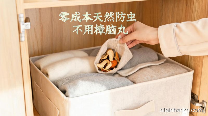 场景：打开的衣柜内部，主体动作：女生把晒干的橘子皮小布包放进装羊绒衫的收纳箱，风格：清新明亮生活化，关键元素：配文字标注「零成本天然防虫 不用樟脑丸」，突出安全无异味