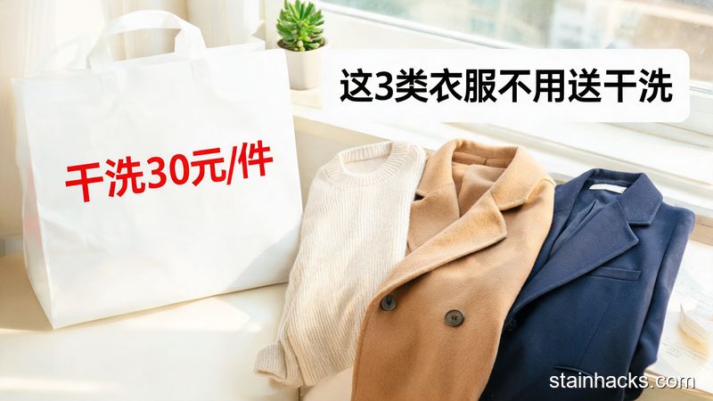 左边放着标有“干洗30元/件”的干洗店手提袋,右边摆着洗干净的羊毛衫、大衣、西装,标注“这3类衣服不用送干洗”文字,省钱省心