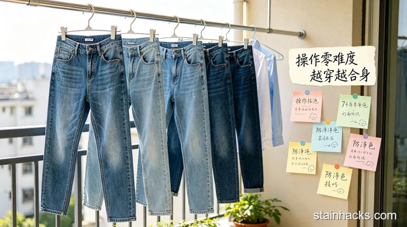 清新明亮生活化风格,客厅场景,女生开心拿着穿了很久依旧颜色鲜亮、合身的牛仔裤,文字标注“告别掉色烦恼 省钱又省心”
