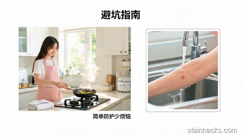 清新明亮生活化场景，人穿着围裙在厨房炒菜，手边放着套袖，旁边小图展示油溅到皮肤后冲冷水的动作，画面标注文字「简单防护少烦恼」「避坑指南」