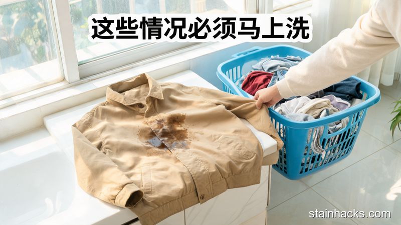 居家阳台脏衣篮旁，手把蹭了油污的外套单独放在一边，没有扔进堆着其他衣服的脏衣篮，有醒目标注文字「这些情况必须马上洗」