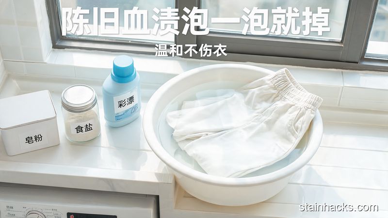 场景：居家洗衣区，台面上摆着皂粉、食盐、彩漂三种家用常见物品，旁边放着泡在冷水盆里的白裤子；风格：清新明亮生活化；关键元素：标注文字&ldquo;陈旧血渍泡一泡就掉&rdquo;，突出温和不伤衣