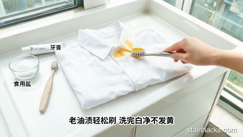 居家洗衣台场景，领口发黄有老油渍的衬衫放在台面上，旁边放普通牙膏、食用盐、旧牙刷，手正用牙刷打圈刷领口油渍，风格清新明亮生活化，配文字标注「老油渍轻松刷 洗完白净不发黄」